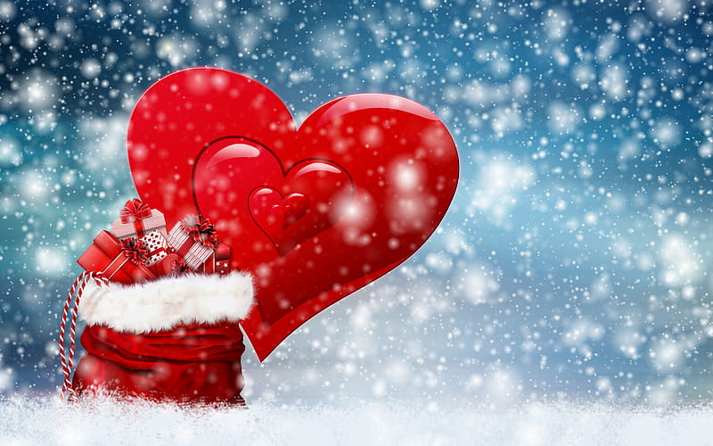 Red bag of Santa Claus, Winter landscape, Christmas, gifts in a bag, Happy New Year, Red heart, HD wallpaper