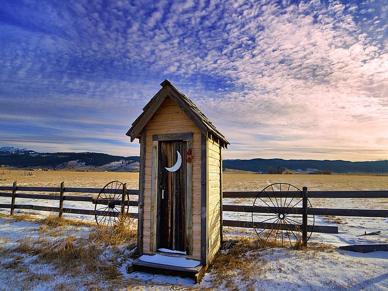 Outhouse Winter, out, cloud, snow, sky, field, winter, HD wallpaper