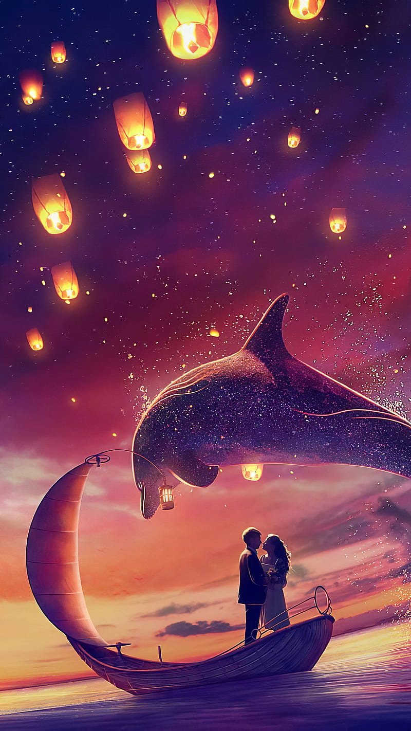 Couple in Love , digital art, art, artistic, dolphin, couple in love, romantic, HD phone wallpaper