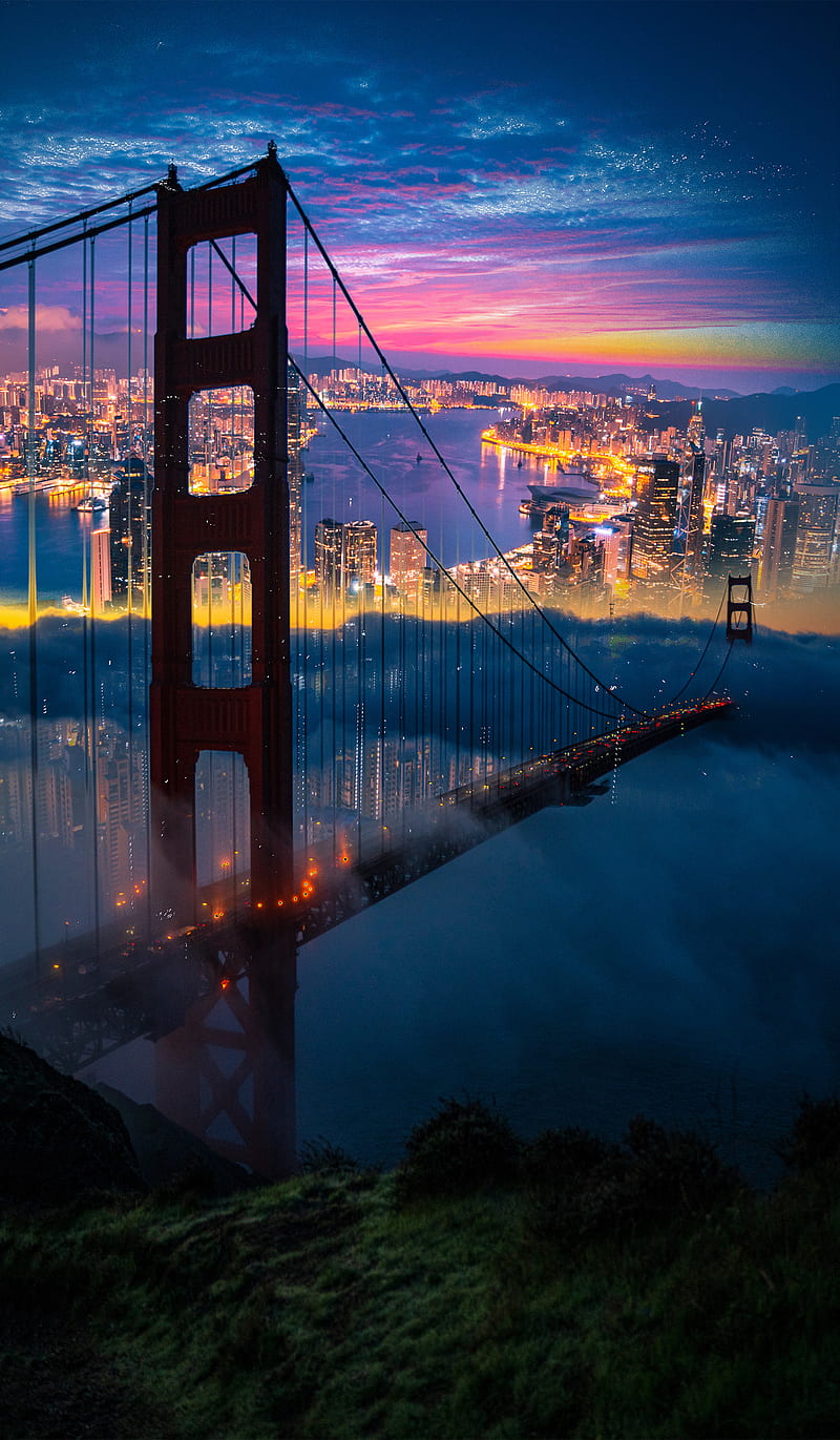 Bridge, HI, art, bonito, blue, city, cloud, color, golden gate, golden gate bridge, light, night, red, sky, smoke, HD phone wallpaper