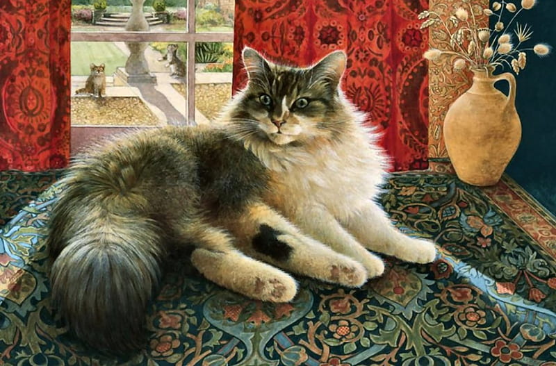 Agneatha and Greek Vase , art, vase, cat, artwork, animal, pet, feline, painting, wide screen, HD wallpaper