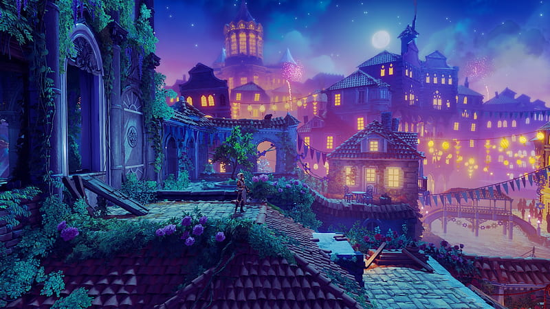 The nightmare prince, fantasy, roof, trine 4, pink, blue, world, art, luminos, night, HD wallpaper