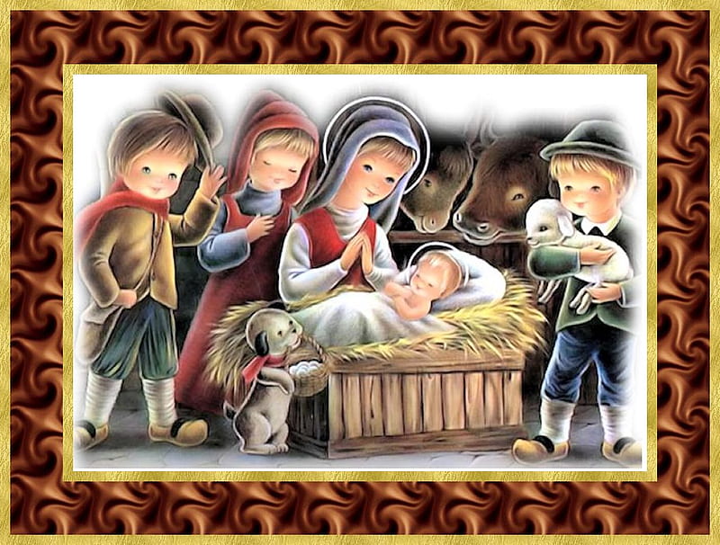 Brown frame Christmas, nativity, christmas, god, manger, HD wallpaper