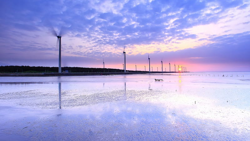 spinning windmill turbines in a lavender sunrise, shore, windmill, sunrise, lavender, sea, HD wallpaper