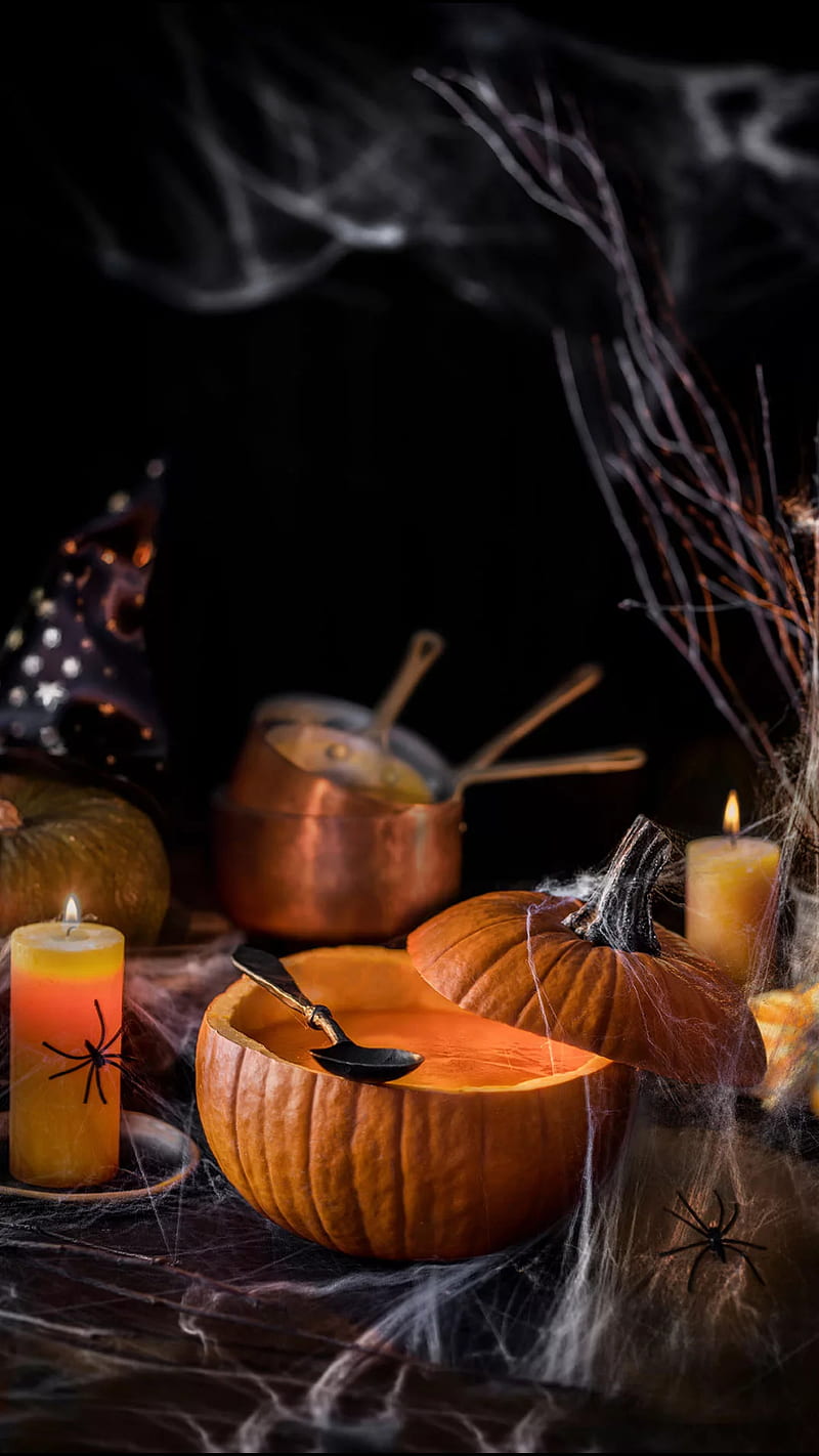 Halloween, pumpkin, soup, spider, candles, light, food, HD mobile ...