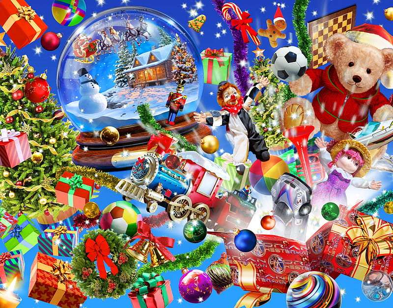 Christmas, green, craciun, adrian chesterman, toy, teddy bear, blue, red, fantasy, stuff, HD wallpaper
