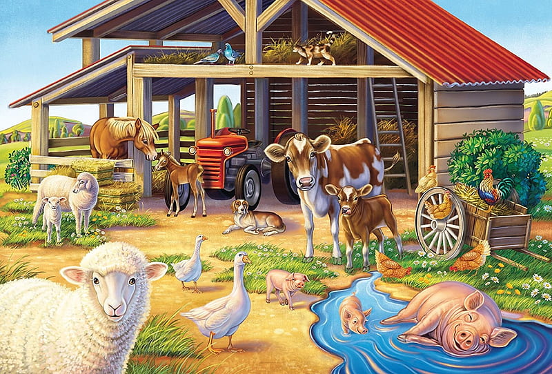 Favorite Animals, pig, cat, artwork, horses, countryside, farm, geese, sheep, doves, painting, cows, dog, HD wallpaper