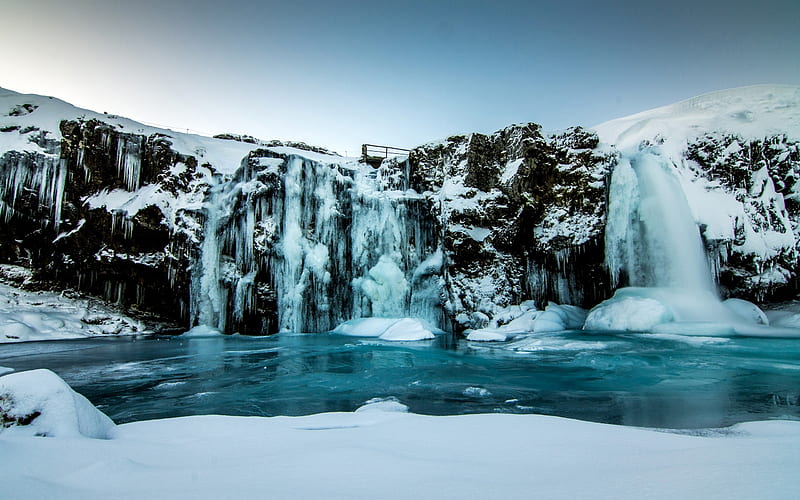 waterfall, winter, snow, ice, frozen lake, Iceland, rock, HD wallpaper