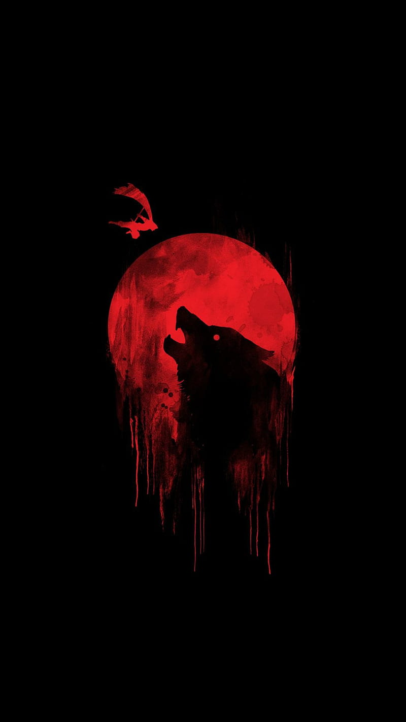 Wolf, black, moon, red, HD phone wallpaper