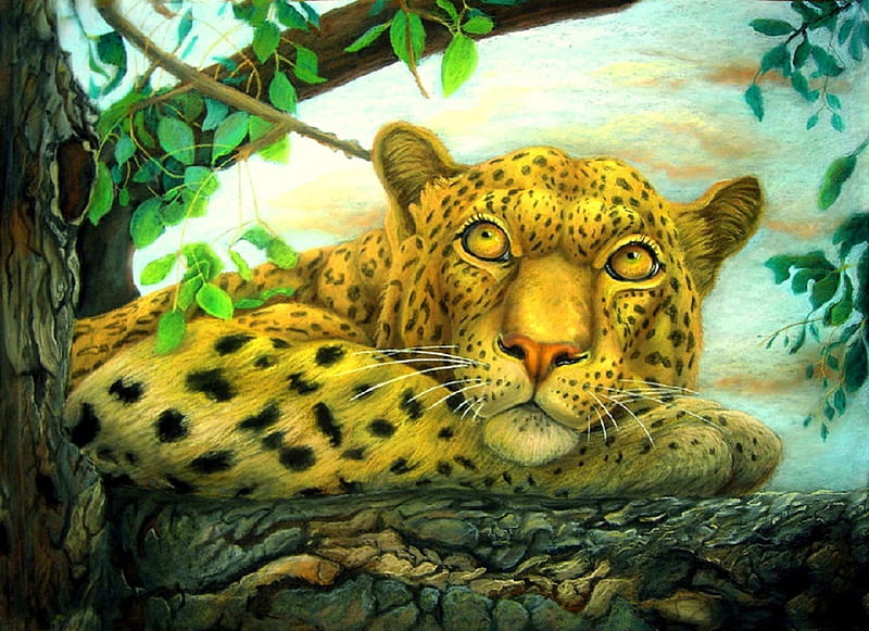 'Pensive Leopard', leopard, draw and paint, lovely, tigers, colors, love four seasons, bonito, creative pre-made, wilds, cute, paintings, wildlife, forests, traditional art, animals, HD wallpaper