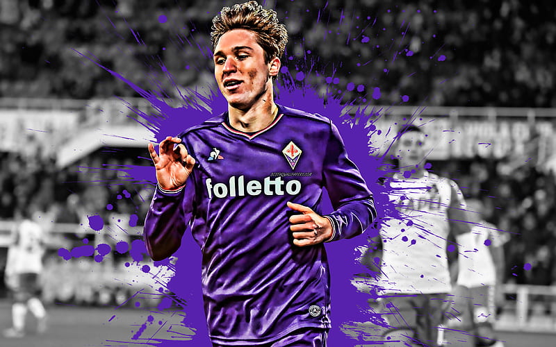 Federico Chiesa Italian football player, ACF Fiorentina, striker, purple paint splashes, creative art, Serie A, Italy, football, grunge, Fiorentina, HD wallpaper