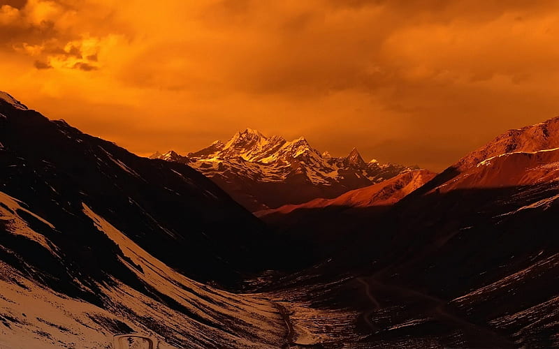 orange sky mountain-Mountain scenery, HD wallpaper