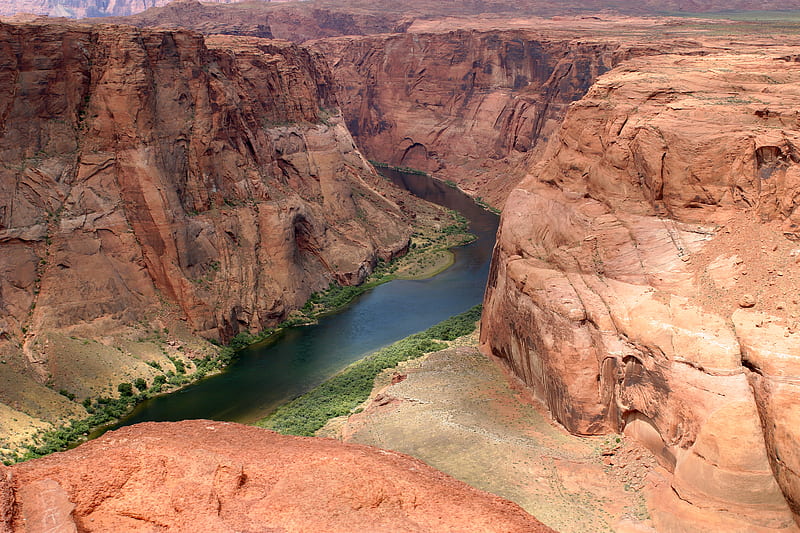 Colorado River, Ages in Stone, rocks, green, river, layers, canyon, blue, HD wallpaper