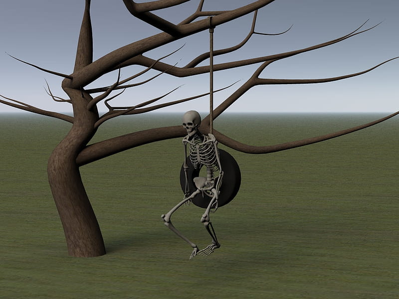 The Swing, tree, skeleton, tire, yard, HD wallpaper