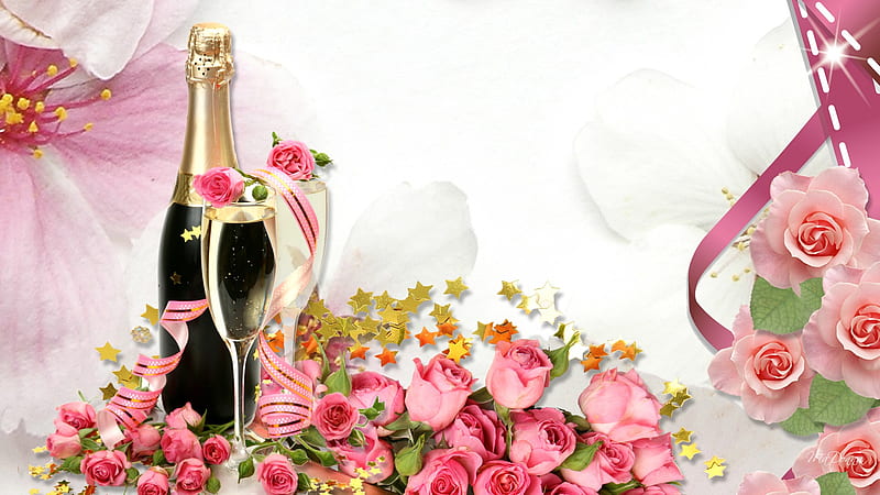 Champagne and roses, valentines day, stars, romantic, romance, bottle, ribbon, glasses, roses, pink roses, love, flowers, champagne, celebrate, HD wallpaper
