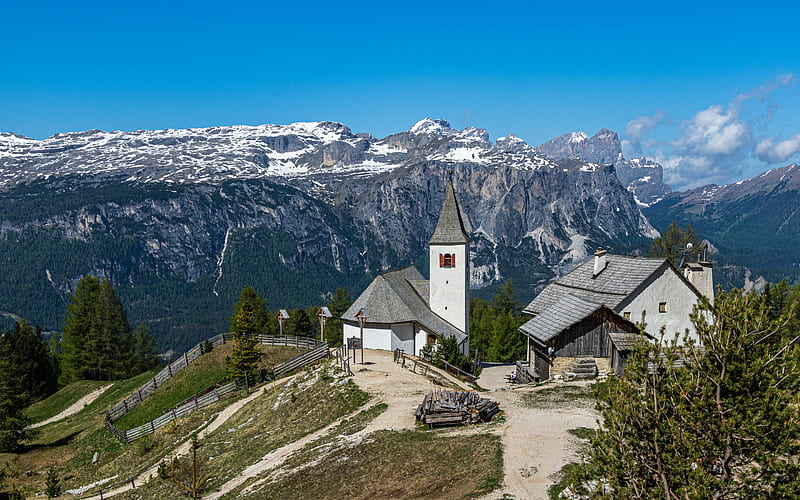 Val Badia, Dolomites, church, mountain landscape, summer, Alps, mountains, South Tyrol, Italy, HD wallpaper