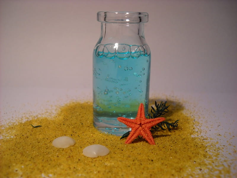 Summer In A Bottle, still life, sand, water, sea shells, bottle, summer, bubbles, star fish, HD wallpaper