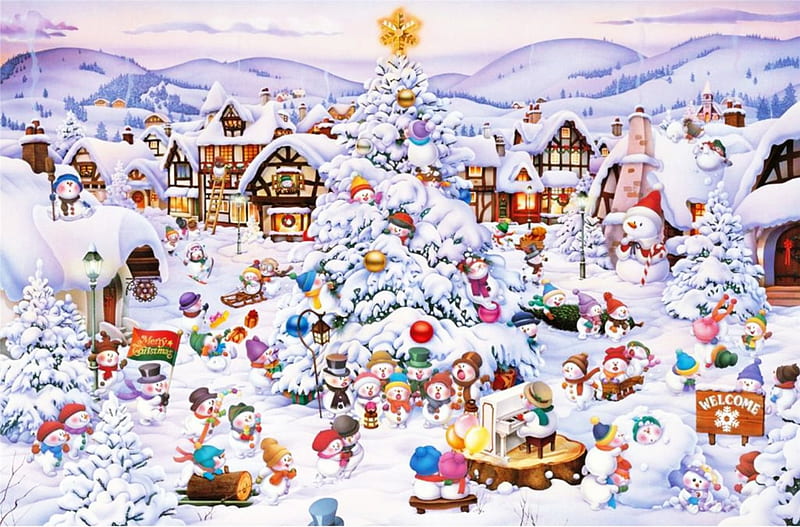 Snowmen Christmas Choir, tree, snowmen, christmas, choir, star, HD wallpaper
