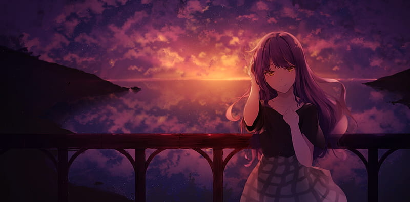 anime girl, sunset, clouds, long hair, balcony, stars, Anime, HD wallpaper
