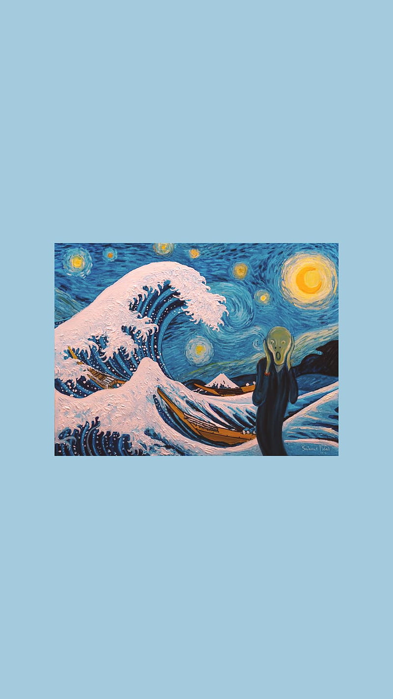 Starry Night Wave, art, painting, HD phone wallpaper