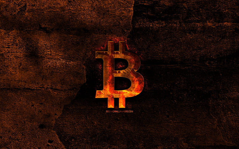 Bitcoin fiery logo, cryptocurrency, orange stone background, creative, Bitcoin logo, brands, Bitcoin, HD wallpaper