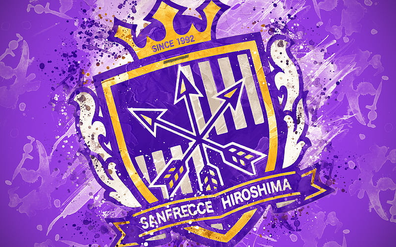 Sanfrecce Hiroshima FC paint art, logo, creative, Japanese football team, J1 League, emblem, purple background, grunge style, Hiroshima, japan, football, HD wallpaper