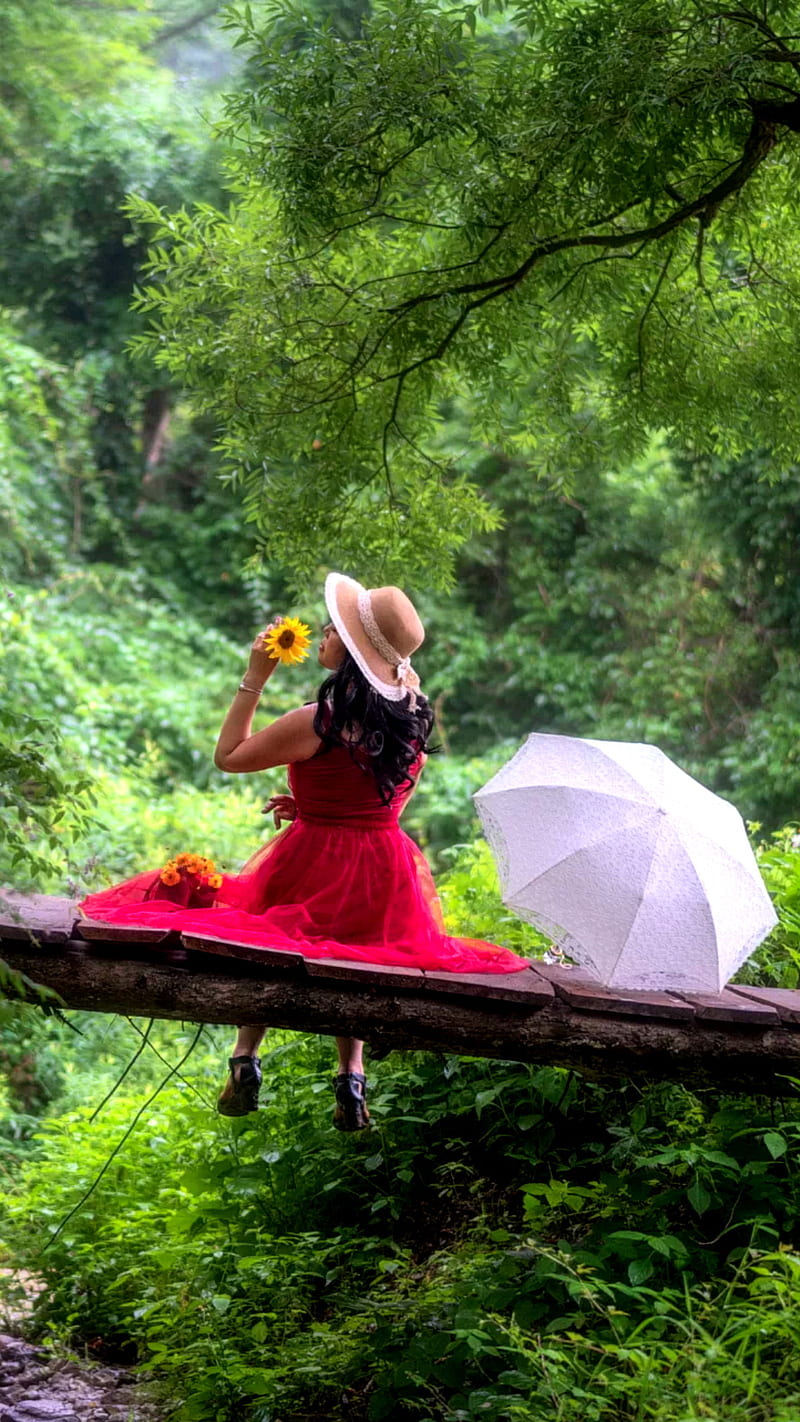 Mood, back, flower, girl, hat, red dress, sitting, umbrella, HD phone wallpaper
