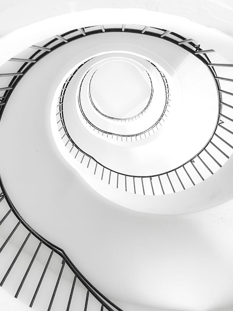 White Spiral Stairs With Black Metal Railings, HD phone wallpaper
