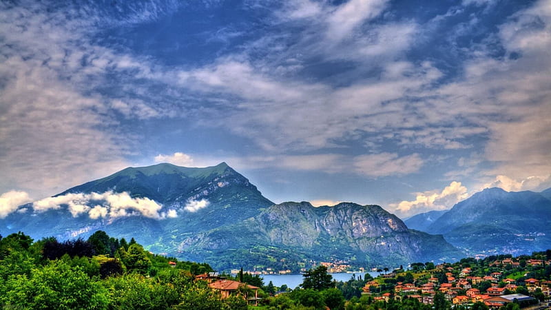 panorama of lake como r, mountains, town, r, clouds, lake, panorama, HD wallpaper