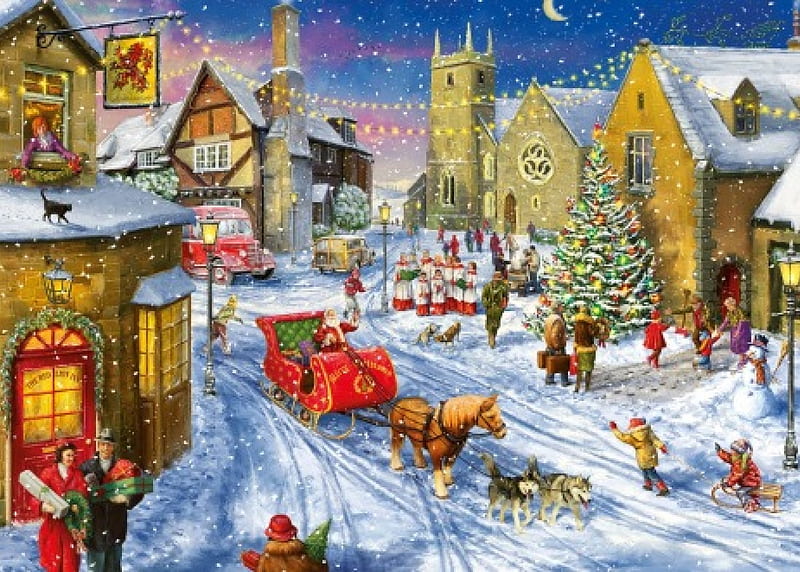 It's Christmas, huskies, christmas, transport, church, horse, sled, winter, tree, santa, snow, presents, carols, choir, HD wallpaper