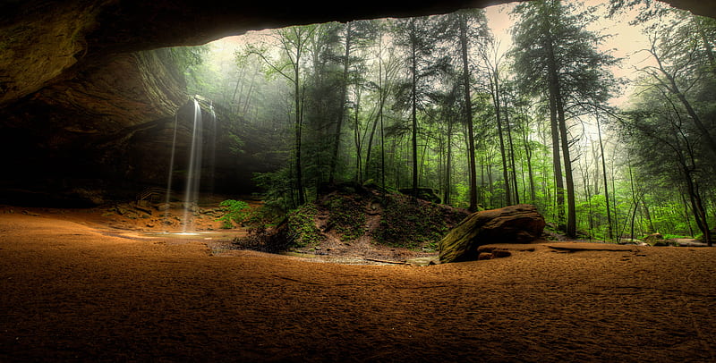 Jungle, cave, forest, nature, pioneer, red, HD wallpaper