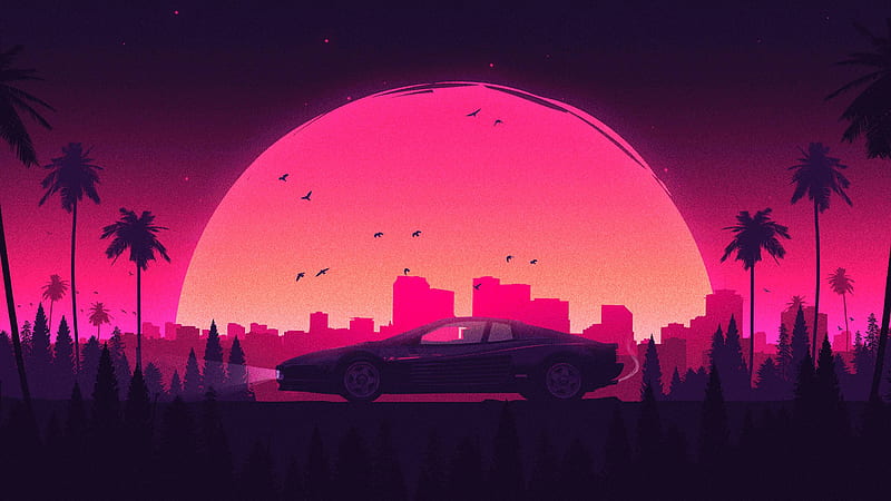 Pink Retro City Lamborghini, artist, artwork, digital-art, retro, pink, lamborghini, HD wallpaper