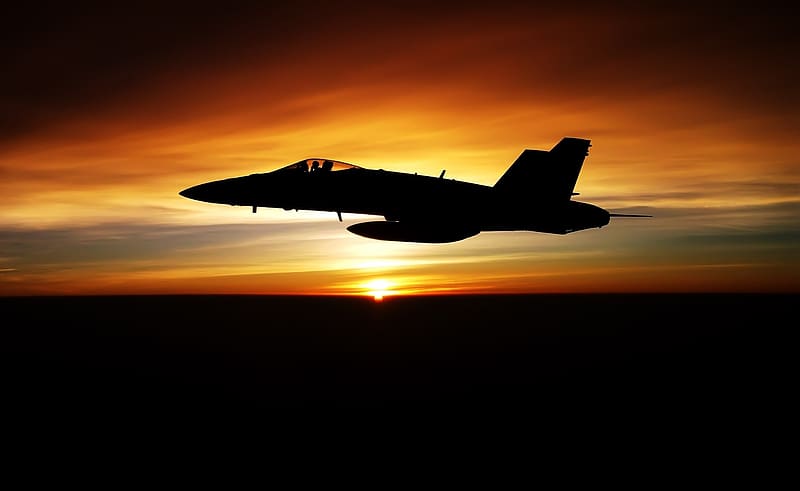 Cruising at Sunset, black, US Air Force, FA-18 Hornet, sun, sunset, silhouette, military, pilot, high-res, cruising, HD wallpaper