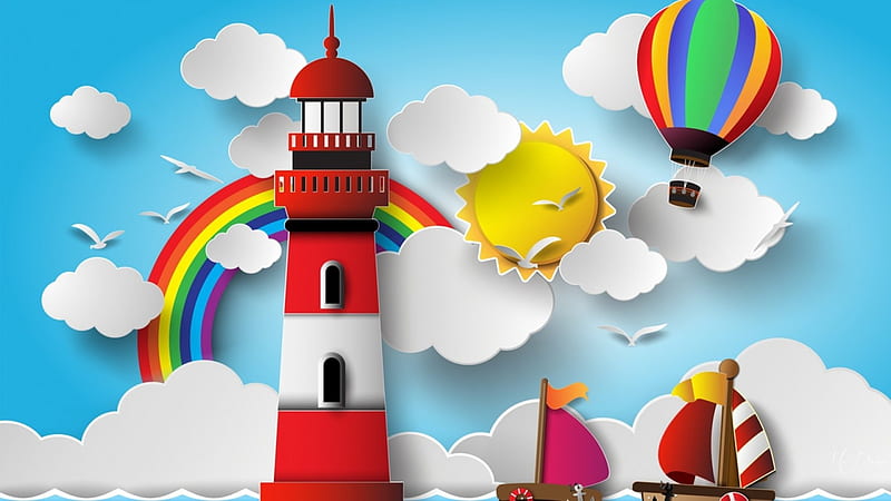 Lighthouse Rainbow, colorful, sun, cut out, rainbow, sky, clouds, lighthouse, sea, beach, balloon, 3D, bright, sailboats, HD wallpaper
