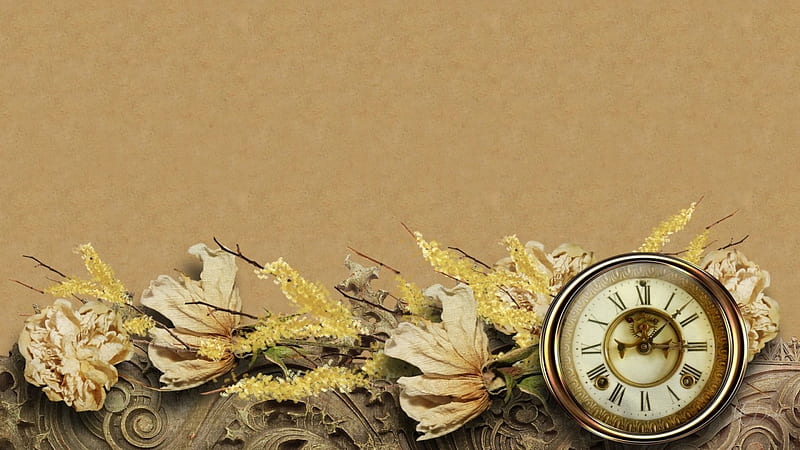 Time Gone By, time, flowers, clock, old, vintage, HD wallpaper