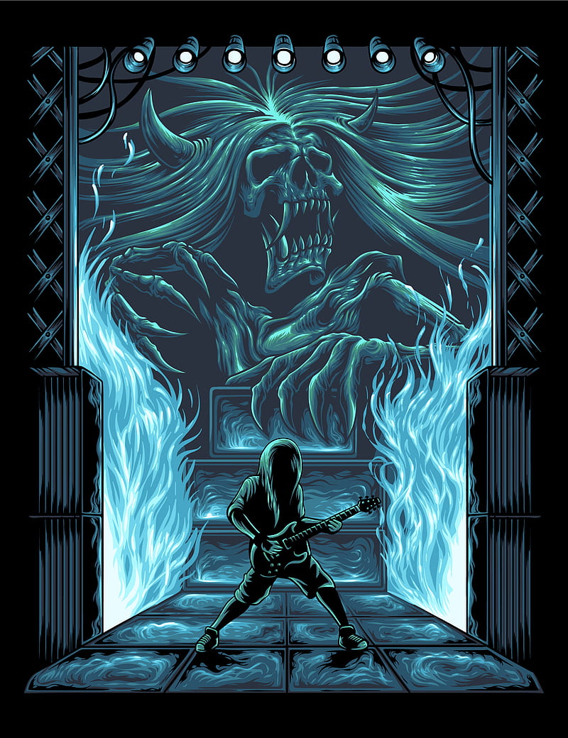 Guitarist , death, demon, evil, fire, guitar, metal, music, rock, skull, HD phone wallpaper
