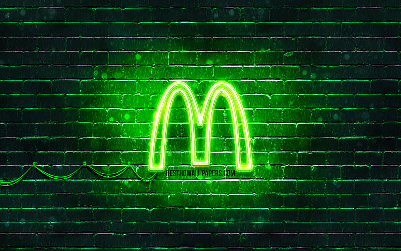 McDonalds green logo green brickwall, McDonalds logo, brands, McDonalds neon logo, McDonalds, HD wallpaper