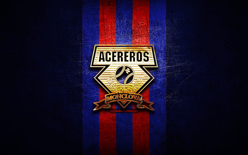 Acereros de Monclova, golden logo, LMB, blue metal background, mexican baseball team, Mexican Baseball League, Acereros de Monclova logo, baseball, Mexico, HD wallpaper