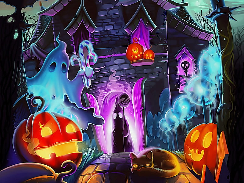 Scary Night, lights, jack o lantern, pumpkins, witch, art, ghost, HD wallpaper