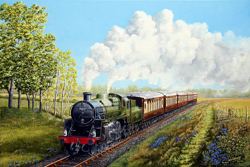 Bluebell, railway, train, painting, steam, landscape, HD wallpaper