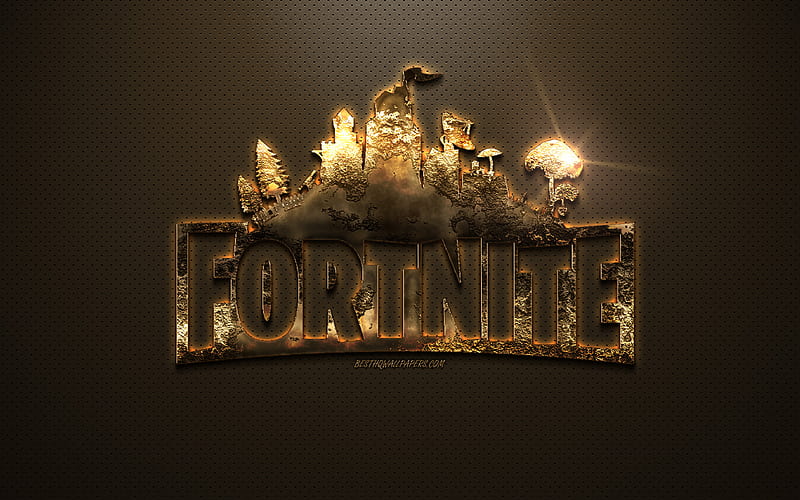 Fortnite, golden logo, creative golden emblem, golden texture, metallic background, Fortnite logo, HD wallpaper
