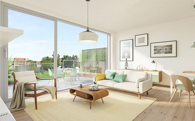 stylish bright interior, living room, light wooden furniture, modern interior design, HD wallpaper
