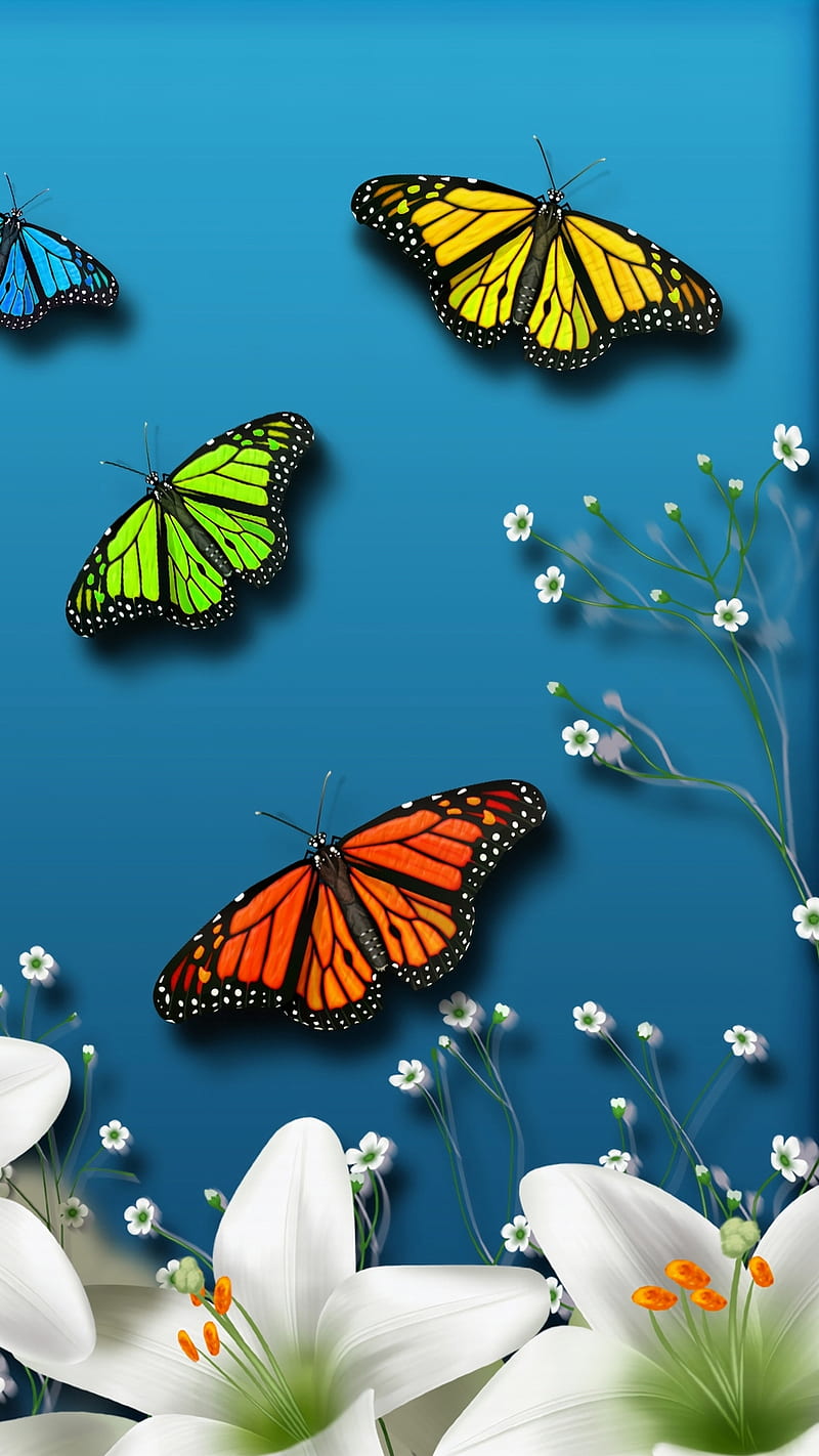 Butterflies, abstract, art, bonito, blue, colorful, flowers, illustration,  lilies, HD phone wallpaper | Peakpx