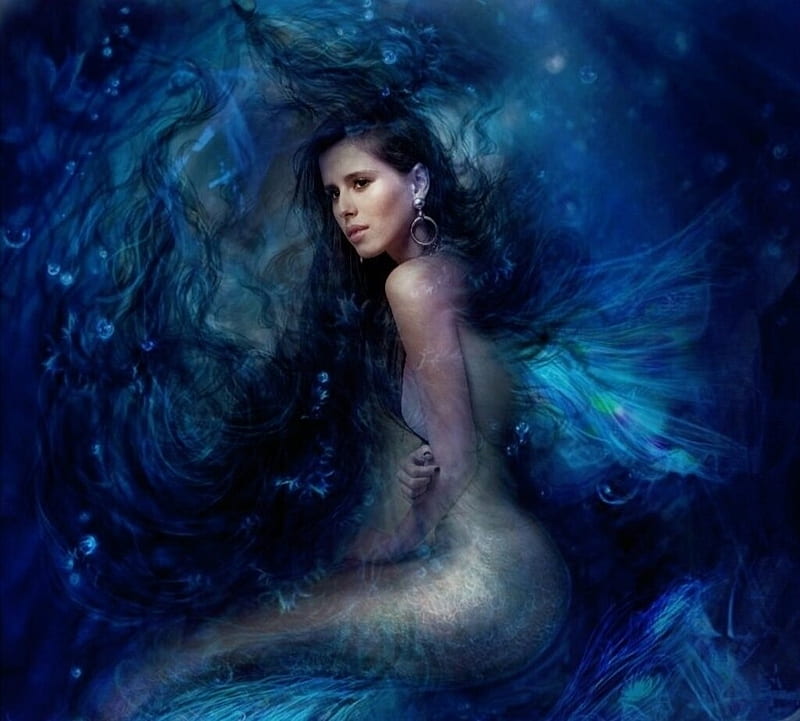 Mermaid, girl, astis, summer, siren, blue, art, vara, fantasy, water, dark, HD wallpaper