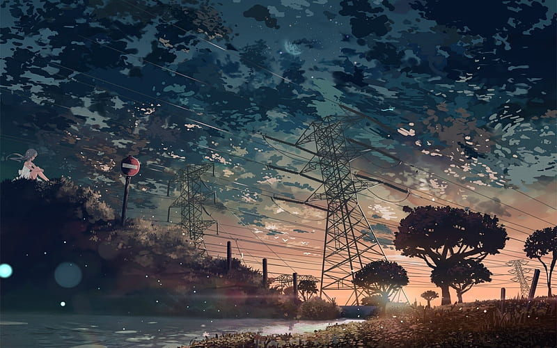Anime landscape, night, scenic, clouds, trees, Anime, HD wallpaper | Peakpx