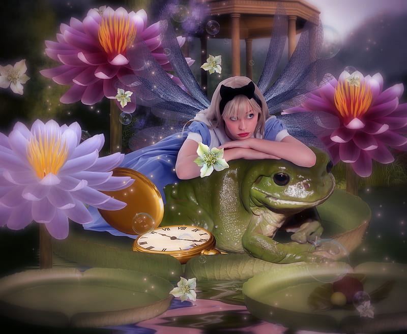 ✫My Prince Charming✫, pretty, nut on leaf, lotus, dress, charm, bonito, bow, digital art, women, hair, fantasy, watch, lily pads, bright, bubbles, flowers, girls, animals, female, models, lovely, colors, lilies, creative pre-made, floating, butterflies, cute, frog, cool, mixed media, plants, weird things people wear, HD wallpaper
