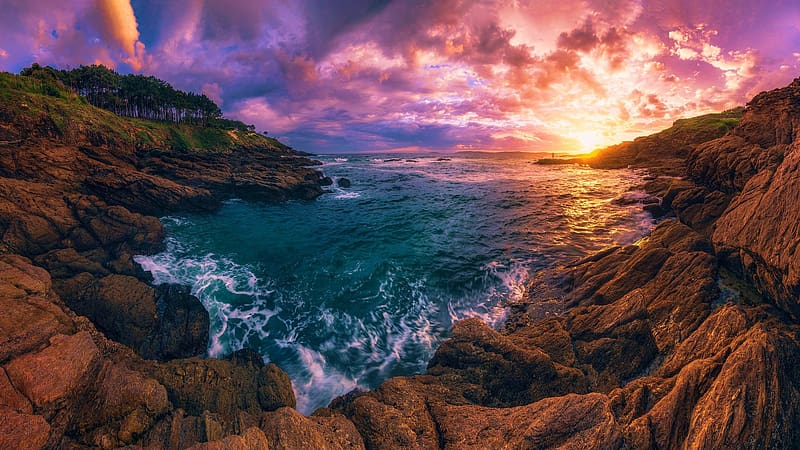 Sunset At Galicia, Spain, rocks, clouds, coast, landscape, sea, mountains, sky, HD wallpaper