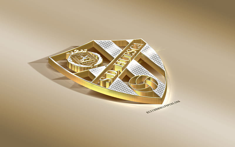 SD Huesca, Spanish football club, golden silver logo, Huesca, Spain, La Liga, 3d golden emblem, creative 3d art, football, LaLiga, HD wallpaper