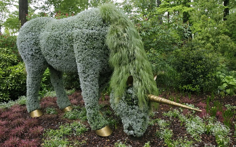 Unicorn, Atlanta Botanical Garden, USA, golden, park, horse, sculpture, fantasy, green, nature, HD wallpaper