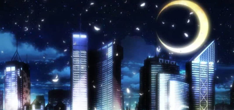 Crescent Night, architecture, house, scenic, city, moon, anime, darkness, feather, scenery, star, light, night, cityscape, sky, skyscrapers, building, dark, crescent, scene, HD wallpaper